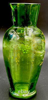Antique Victorian Uranium Green 24k Gold Bohemian Harrach Bud Vase 5 5/8