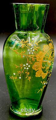 Antique Victorian Uranium Green 24k Gold Bohemian Harrach Bud Vase 5 5/8