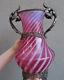 Antique Victorian Vase Cranberry Glass Ormolu Nouveau Bronze Handle Silverplate