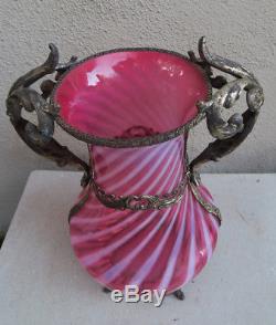 Antique Victorian Vase cranberry Glass ormolu Nouveau bronze handle Silverplate