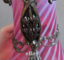 Antique Victorian Vase cranberry Glass ormolu Nouveau bronze handle Silverplate