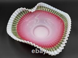 Antique Victorian Vaseline Opalescent Art Glass Brides Heart Crimped Bowl Basket Antique Victorian Vaseline Opalescent Art Glass Brides Heart Crimped Bowl Basket