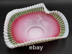 Antique Victorian Vaseline Opalescent Art Glass Brides Heart Crimped Bowl Basket Antique Victorian Vaseline Opalescent Art Glass Brides Heart Crimped Bowl Basket