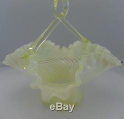 Antique Victorian Vaseline Opalescent Optic Swirl Spiral Art Glass Basket