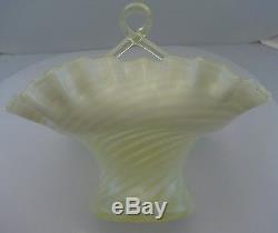 Antique Victorian Vaseline Opalescent Optic Swirl Spiral Art Glass Basket