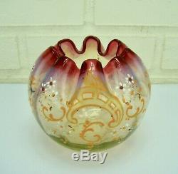 Antique Victorian Vaseline To Cranberry Opalescent Hand Painted Enamel Rose Bowl