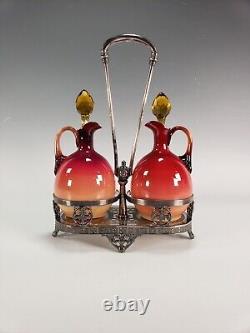 Antique Victorian Wheeling Coral Glass Cruet Set Hobbs Brockunier Peachblow