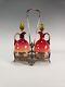 Antique Victorian Wheeling Coral Glass Cruet Set Hobbs Brockunier Peachblow