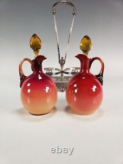 Antique Victorian Wheeling Coral Glass Cruet Set Hobbs Brockunier Peachblow