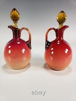 Antique Victorian Wheeling Coral Glass Cruet Set Hobbs Brockunier Peachblow