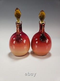 Antique Victorian Wheeling Coral Glass Cruet Set Hobbs Brockunier Peachblow