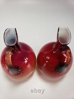 Antique Victorian Wheeling Coral Glass Cruet Set Hobbs Brockunier Peachblow