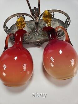 Antique Victorian Wheeling Coral Glass Cruet Set Hobbs Brockunier Peachblow