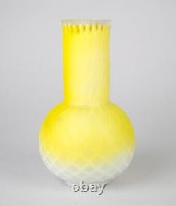 Antique Victorian Yellow Satin Glass Vase MOP Quilted Diamond Tight Ruffled Top
