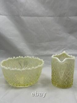 Antique Victorian Yellow Uranium/vaseline Hearts Glass Bowl & Creamer