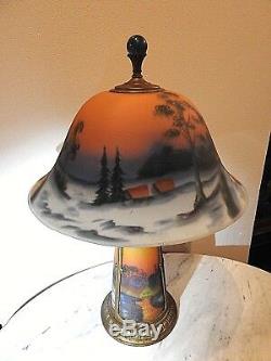 Antique Victorian art glass Table lamp Winter Snow Farm Scene With Lighted base