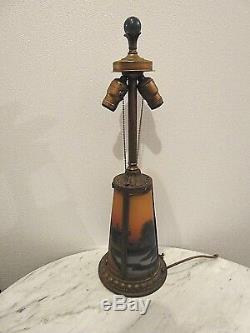 Antique Victorian art glass Table lamp Winter Snow Farm Scene With Lighted base