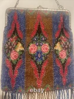 Antique Victorian beaded bag art deco glass beaded floral flowers roses germany