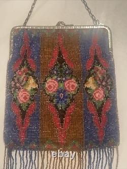 Antique Victorian beaded bag art deco glass beaded floral flowers roses germany