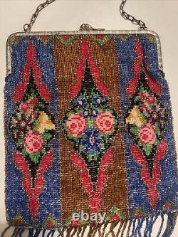 Antique Victorian beaded bag art deco glass beaded floral flowers roses germany