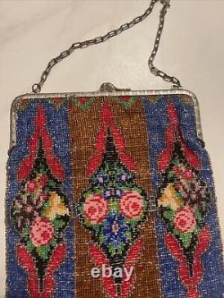 Antique Victorian beaded bag art deco glass beaded floral flowers roses germany