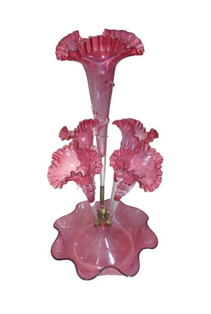Antique Victorian Cranberry Glass épergne 5 Trumpet Friled Rims C 1890 22 High