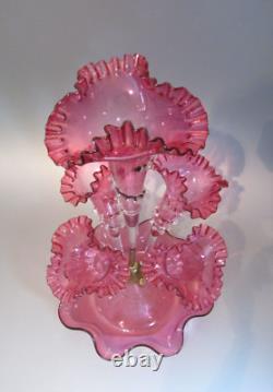 Antique Victorian cranberry glass épergne 5 trumpet friled rims c 1890 22 high