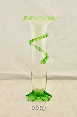 Antique Victorian large Uranium green glass ribboned & frilled stem vase