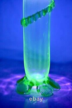 Antique Victorian large Uranium green glass ribboned & frilled stem vase