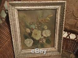 Antique Victorian oil painting on glass of roses in early frame chippy garden