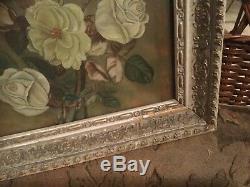 Antique Victorian oil painting on glass of roses in early frame chippy garden