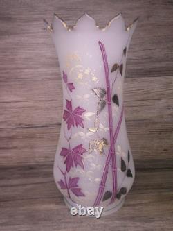 Antique Victorian opaline glass vase enameled flowers hand painted Gold gilt Z84 Antique Victorian opaline glass vase enameled flowers hand painted Gold gilt Z84