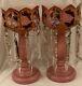 Antique Victorian Pair Of Pink Glass Lusters With White Cased Interiors And Pris