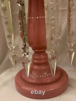 Antique Victorian pair of pink glass lusters with white cased interiors and pris