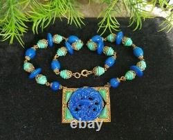 Antique Vintage Art Deco MAX NIEGER Necklace Czech Glass Peacock Blue Green Rare