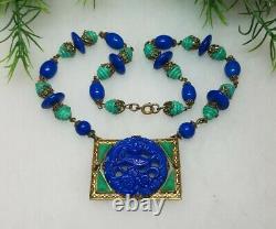 Antique Vintage Art Deco MAX NIEGER Necklace Czech Glass Peacock Blue Green Rare