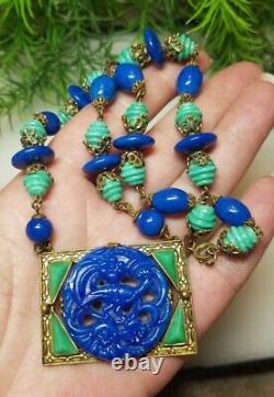 Antique Vintage Art Deco MAX NIEGER Necklace Czech Glass Peacock Blue Green Rare