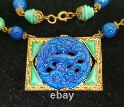 Antique Vintage Art Deco MAX NIEGER Necklace Czech Glass Peacock Blue Green Rare