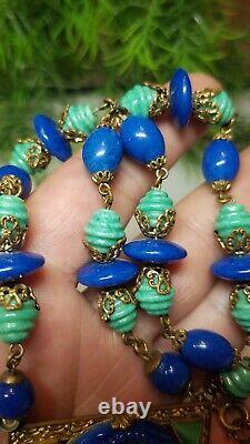 Antique Vintage Art Deco MAX NIEGER Necklace Czech Glass Peacock Blue Green Rare