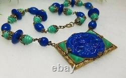 Antique Vintage Art Deco MAX NIEGER Necklace Czech Glass Peacock Blue Green Rare