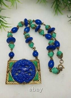 Antique Vintage Art Deco MAX NIEGER Necklace Czech Glass Peacock Blue Green Rare