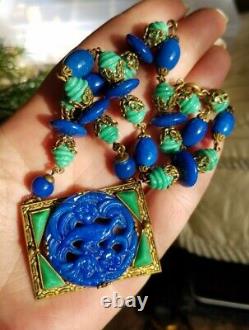 Antique Vintage Art Deco MAX NIEGER Necklace Czech Glass Peacock Blue Green Rare