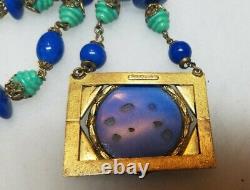 Antique Vintage Art Deco MAX NIEGER Necklace Czech Glass Peacock Blue Green Rare