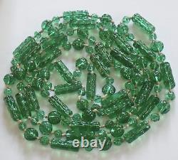 Antique Vintage Art Nouveau Deco Emerald Green Glass Beads Flapper Necklace 56