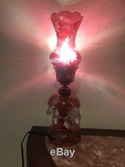 Antique Vintage Cranberry Luster Electric Lamp With Crystals Prisms