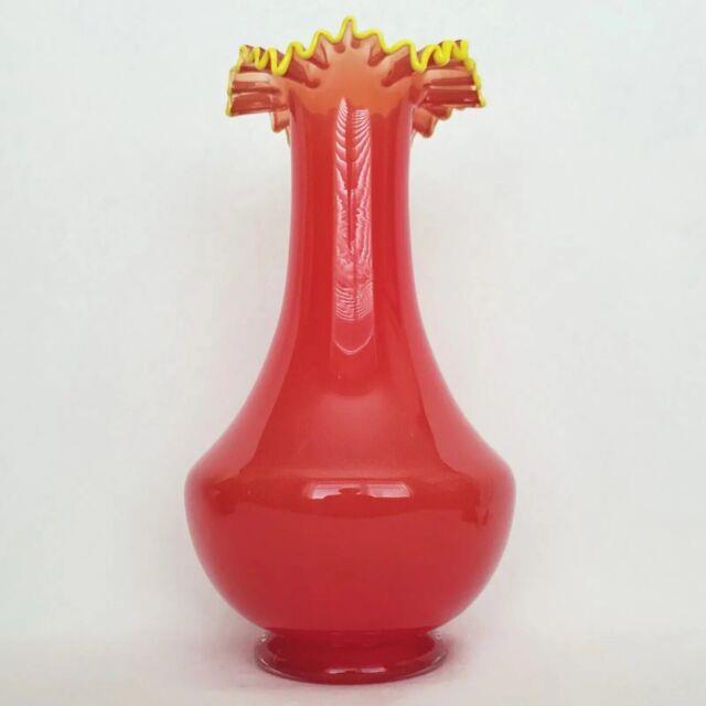 Antique/vintage Pink Opaline Cased Yellow Crested Ruffled Art Glass Vase 10.75