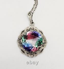 Antique Vintage Rainbow Glass Marcasite Pendant Necklace Victorian Art Deco 835 Antique Vintage Rainbow Glass Marcasite Pendant Necklace Victorian Art Deco 835