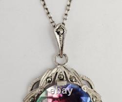 Antique Vintage Rainbow Glass Marcasite Pendant Necklace Victorian Art Deco 835 Antique Vintage Rainbow Glass Marcasite Pendant Necklace Victorian Art Deco 835