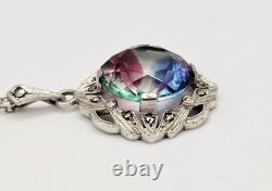 Antique Vintage Rainbow Glass Marcasite Pendant Necklace Victorian Art Deco 835 Antique Vintage Rainbow Glass Marcasite Pendant Necklace Victorian Art Deco 835