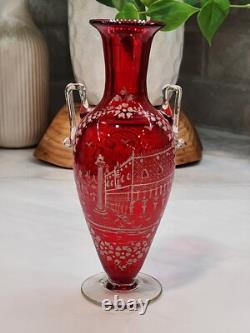 Antique Vintage Victorian Cranberry Hand Blown Glass Hand Painted White Art Antique Vintage Victorian Cranberry Hand Blown Glass Hand Painted White Art